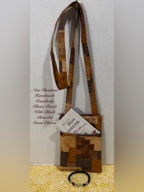 NEW CHRISTIAN PATCH WORK HANDMADE CROSSBODY PHONE POUCH W/ BLACK BRACELET CHARM